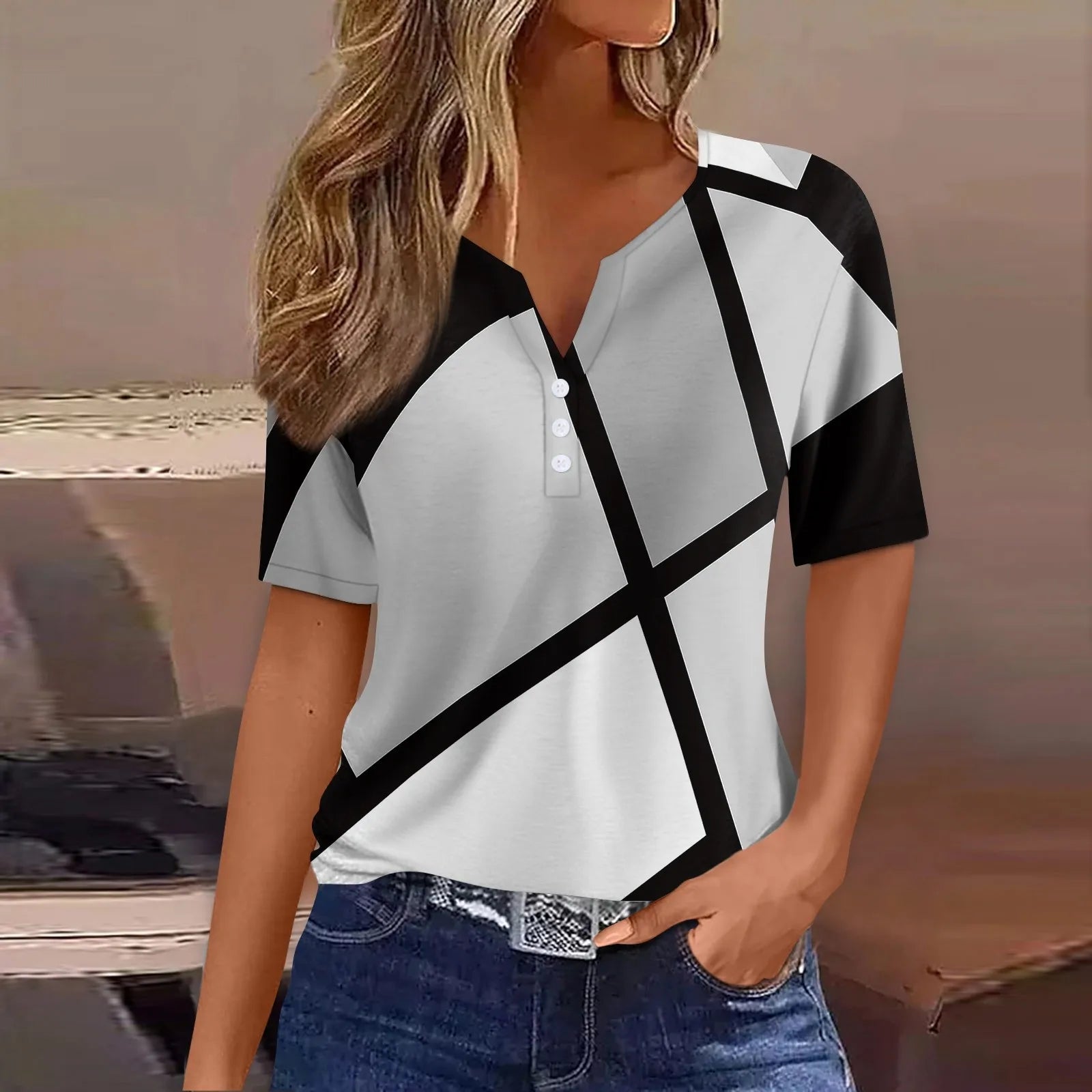 2024 Summer Patchwork T-Shirts Button Tops Womens Casual Short Sleeve Loose Ladies V-Neck Female Street Clothes Pullover Oasis Select Light Gray L