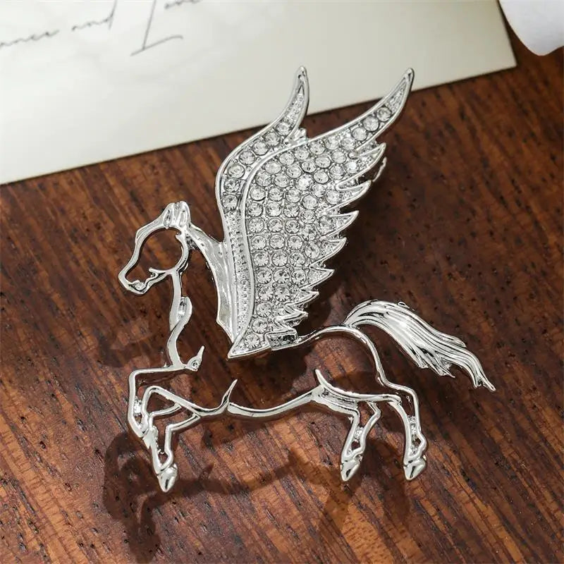 Fashion Rhinestones Alloy Horse With Wings Brooch Zodiac Pony Pins Women Men Clothing Accessory Suit Lapel Corsage New Year Gift Oasis Select Silver
