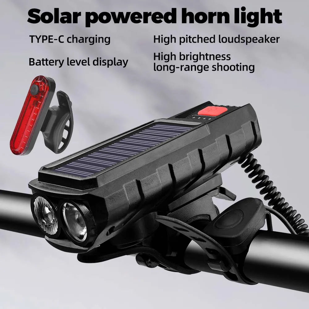 Bicycle Front Light Solar TYPE-C Rechargeable MTB Road Front Light High Brightness Flashlight 120dB With Horn led cycling front Oasis Select QD-5201T 100-300 Lumen 1000-3000 Mah