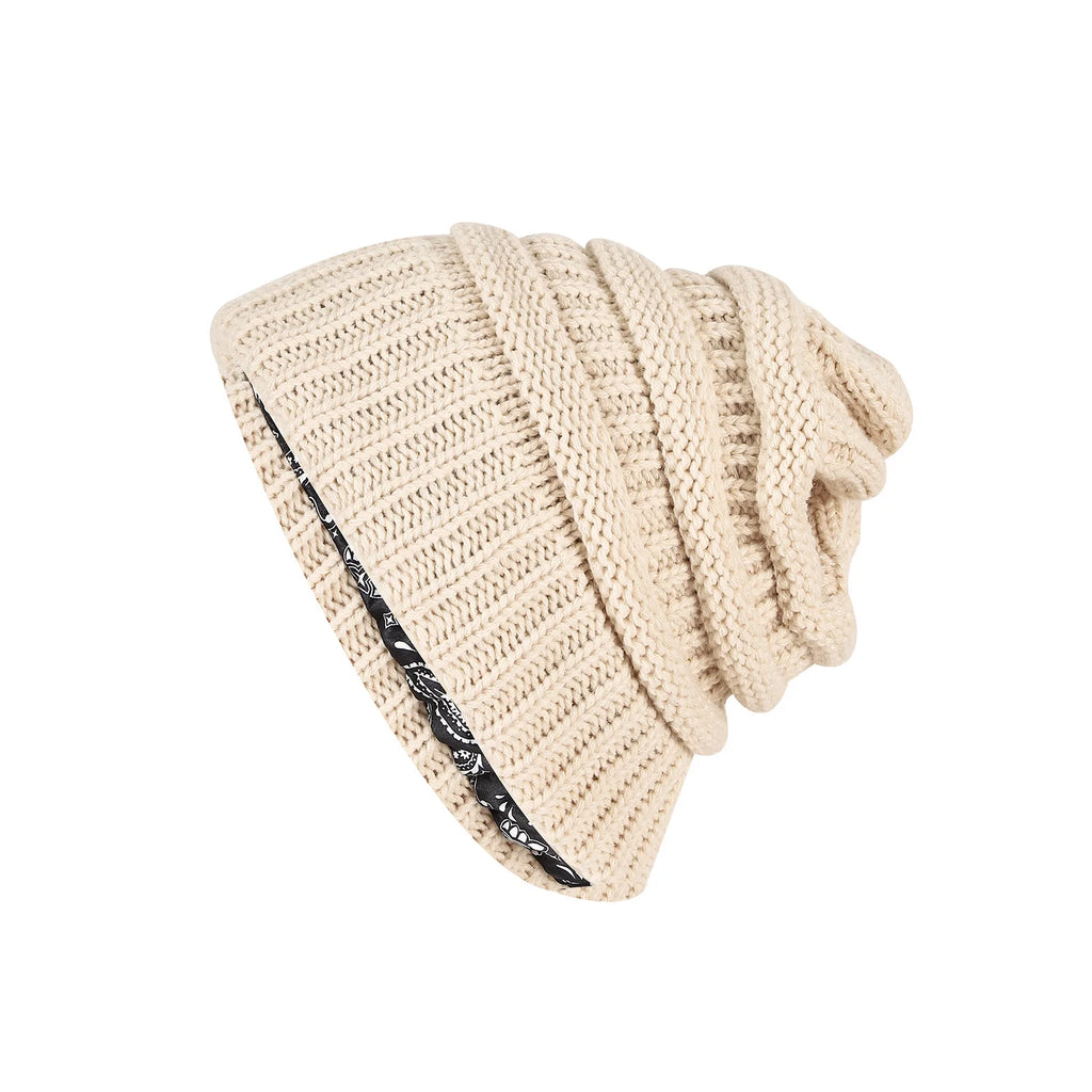 Winter brimless hat with satin lining, twisted flower knit thick skull warm hat, cashew print lining Oasis Select beige