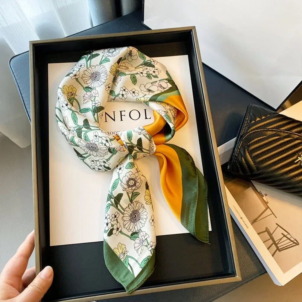 Versatile Casual Women's Hairbands 70x70cm Printed Shawls Wraps Imitation Silk Neck Tie Hijab for Women Oasis Select 70x70cmF