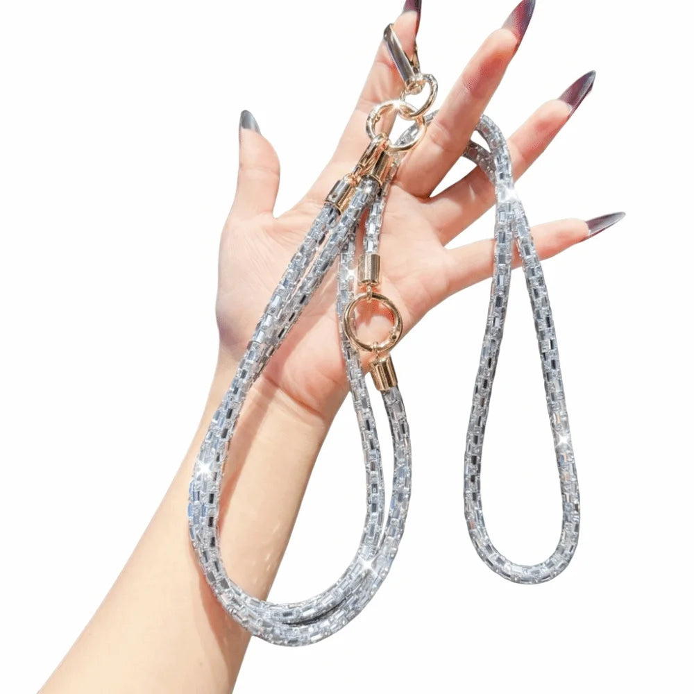 Square Crystal Mobile Phone Lanyard Bright Rhinestone Detachable Design Rhinestone Phone Lanyard Cross Rope Bling Design Oasis Select Silver