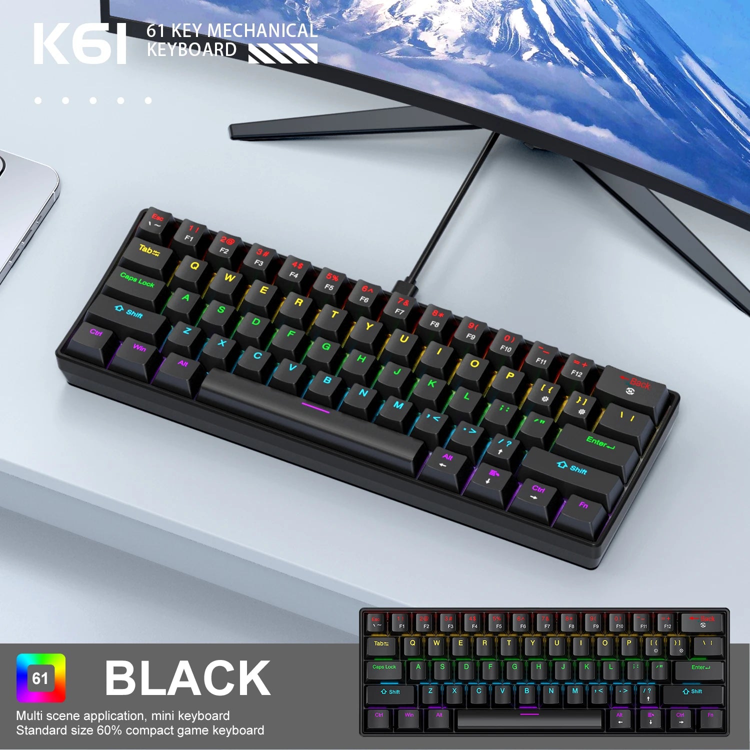 APAYADO K61 Mini Mechanical Keyboard,Wired,61 Keys,Phantom RGB, Black/White Red/Blue Mechanical Switch for Gaming,60% Portable Oasis Select K61-Black Red Switch