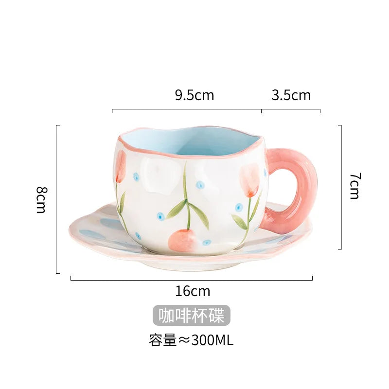 Ceramic Mugs & Saucers Set Coffee Cups Hand Pinched Irregular Flower Milk Tea Cup Ins Style Oatmeal Breakfast Mug Drinkware Oasis Select Pink-Tulip-set 301-400ml