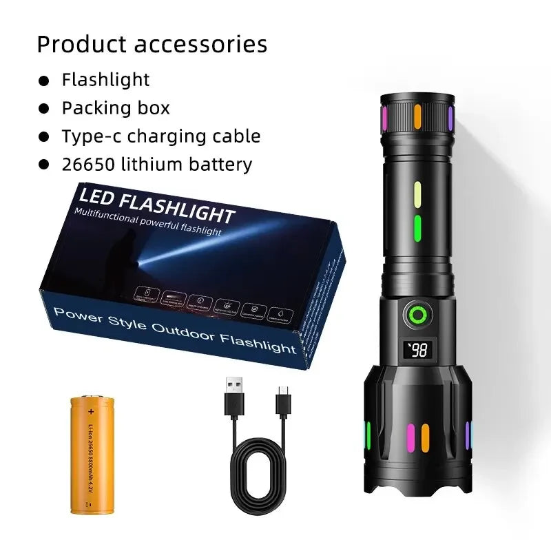 Long Range LED Flashlight High Power Spotlight Fluorescent Absorbing Film Luminous Colorful Zoom Flashlight Camping Emergency Oasis Select G61-FJH-with-battery