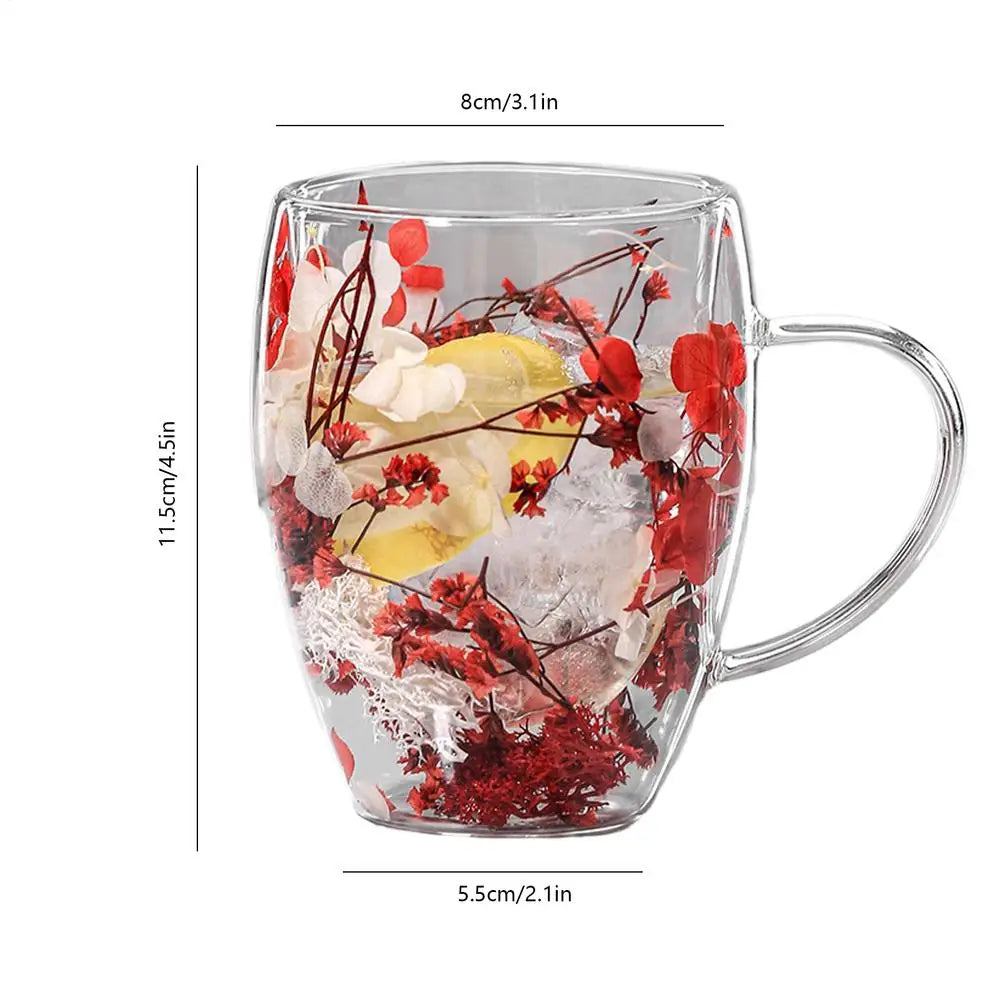Double Wall Glass Cup Dried Flowers Glass Cup 350ml Anti-Scalding Mug Coffee Mug for Milk Chocolate Tea Juice Hot Cold Beverages Oasis Select Red 301-400ml