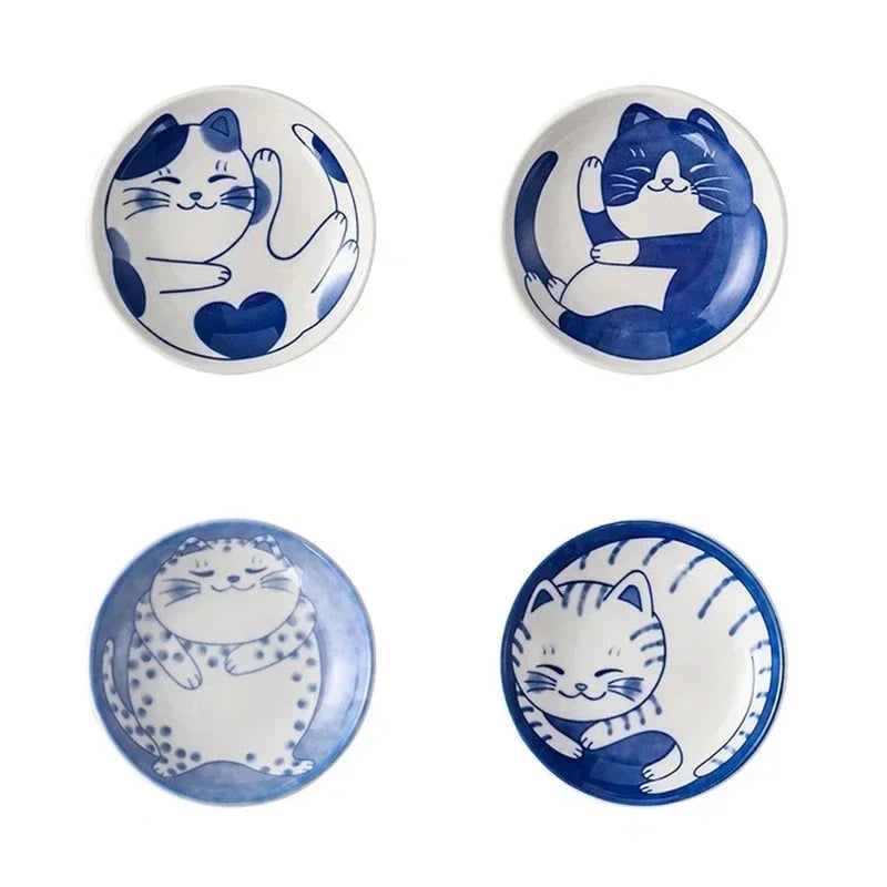 Ceramic Sauce Dishes Sushi Plate Tableware Japanese Style Dessert Creative Cute Cartoon Lucky Cat Pattern Spice Plate Oasis Select 4pcs Mixed 2x10cm