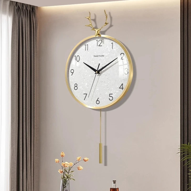 Golden Deer Horn Hanging Clock Pendant Light Luxury Dial Silent Living Room Modern and Simple Home Wall Decoration Oasis Select
