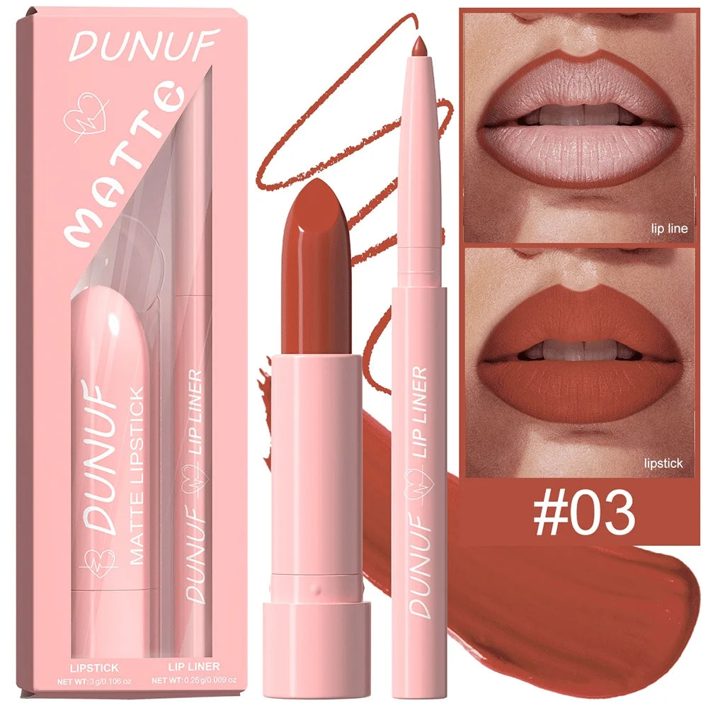 DUNUF 12-Color Matte Lipstick & Lip Liner Set – Waterproof