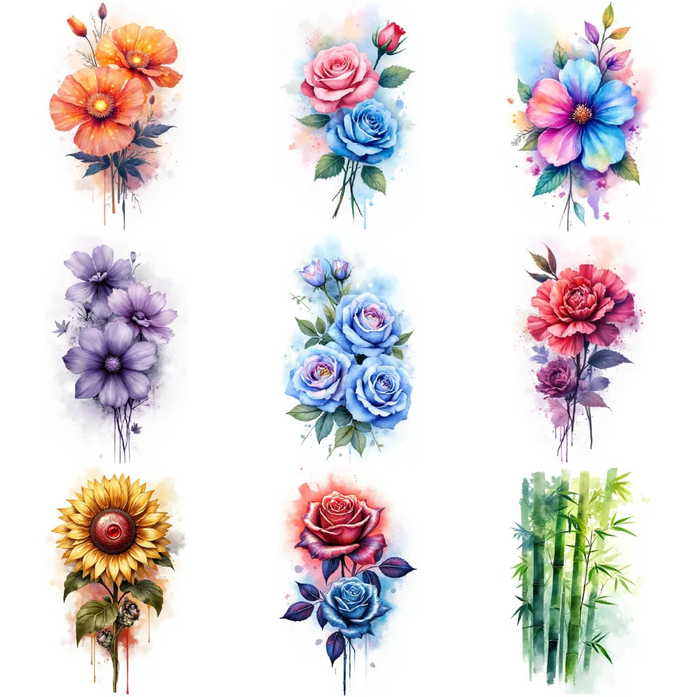 9pcs Floral Temporary Tattoos – Waterproof Botanical Stickers
