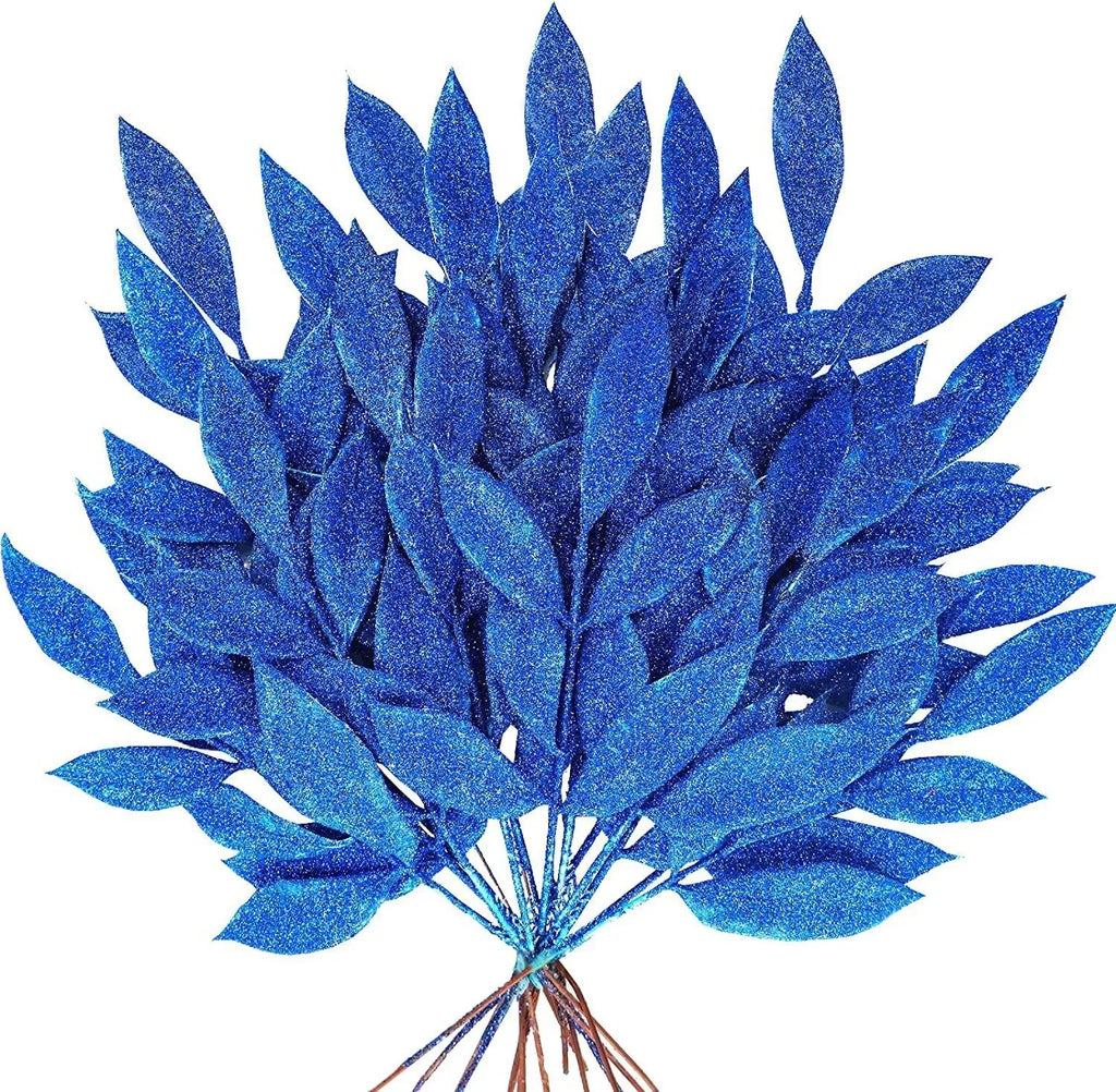 1pcs Glitter Bay Leaf Stems Artificial Christmas Spray Picks Fake Floral Leaf Branches Wired Stem Decor For Christmas Tree Oasis Select Blue