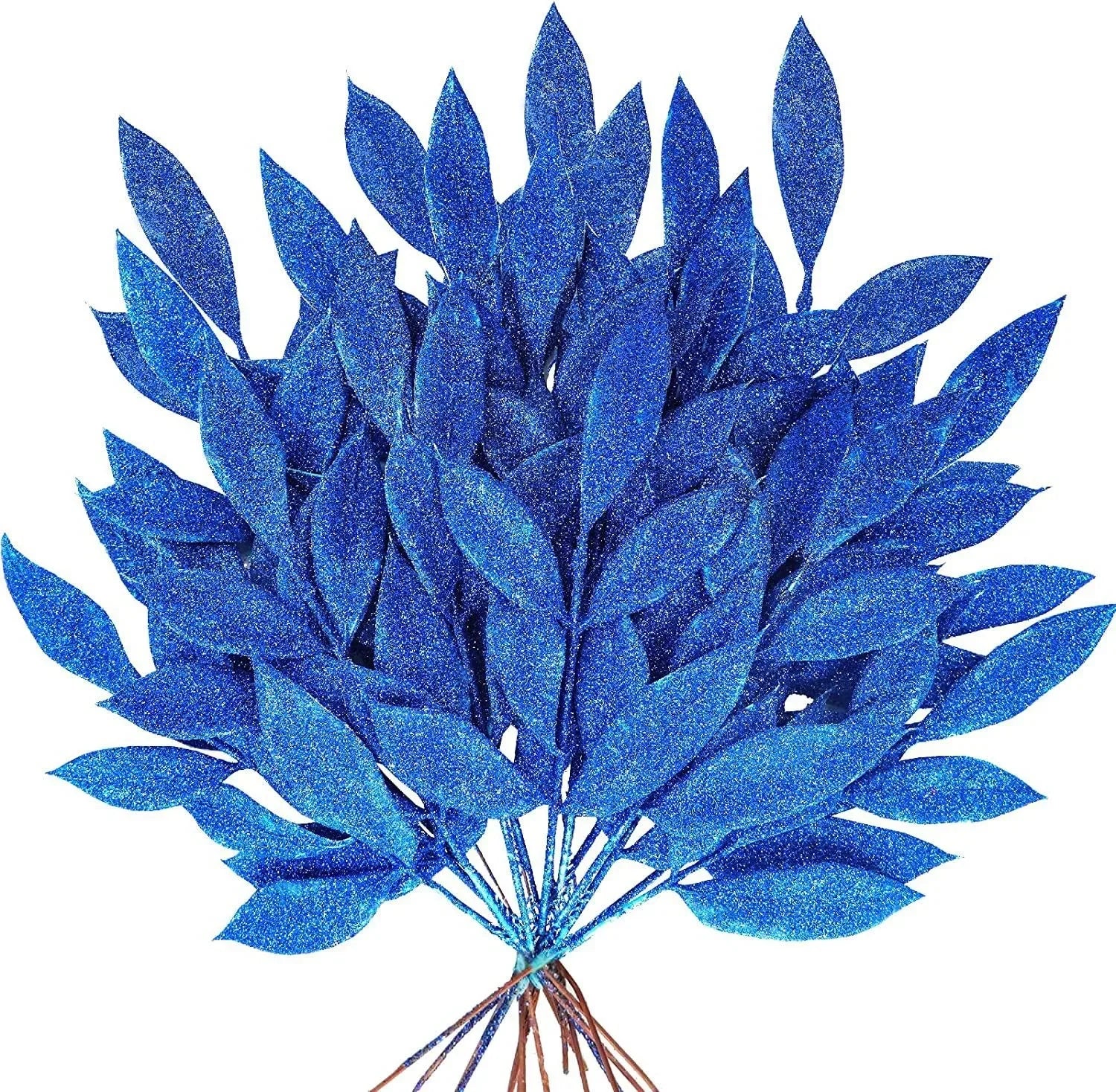 1pcs Glitter Bay Leaf Stems Artificial Christmas Spray Picks Fake Floral Leaf Branches Wired Stem Decor For Christmas Tree Oasis Select Blue