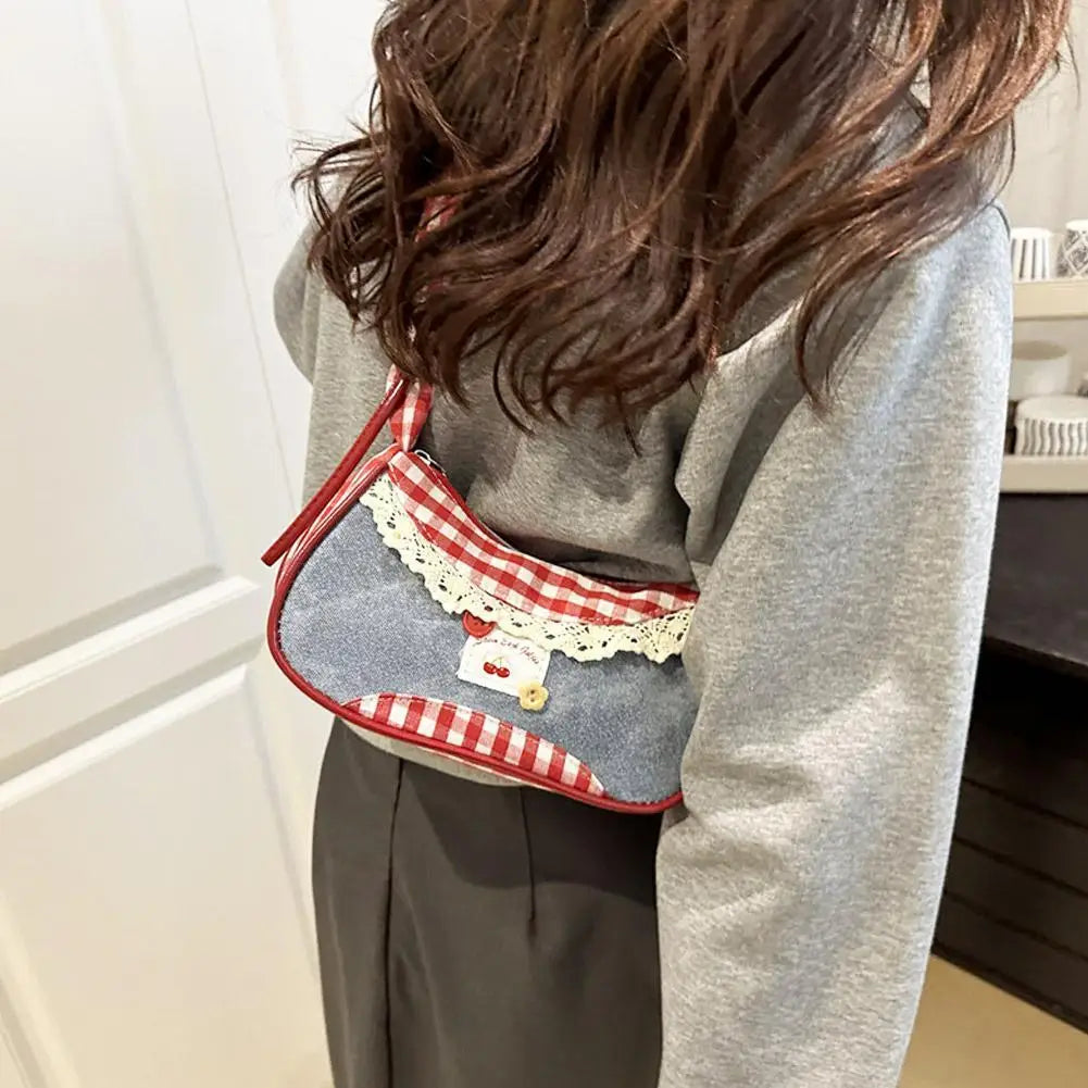 New Cute Checkered Handbags Sweet Lace Underarm Bag Bowknot Armpit Shoulder Crossbody Bag Y2k Fashion Casual Shoulder Bag Oasis Select