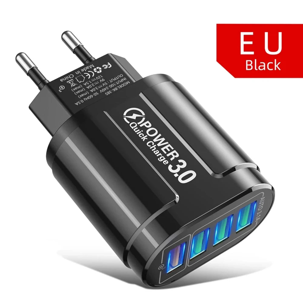 48W QC3.0 Quick Charger 4USB EU Standard Travel Portable 4 Port Fast Charging Suitable For Android iPhone Xiaomi Other Devices Oasis Select EU Black