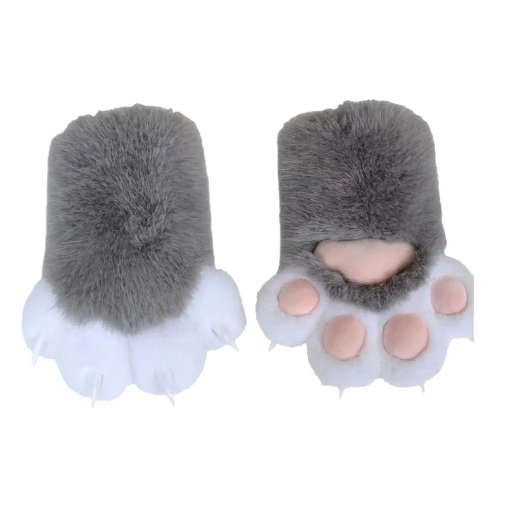 Cartoon Cosplay Furry Cat Paw Mittens Kawaii Squeaky Kigurumi Fursuit Thicken Warm Plush Cat Claw Gloves Gifts Oasis Select L Grey