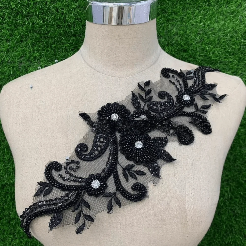 Rhinestone Flower Lace Applique Patch Handsewn Glass Drill Flower Embroidery Applique DIY Evening Gown Wedding Dress Accessories Oasis Select Black