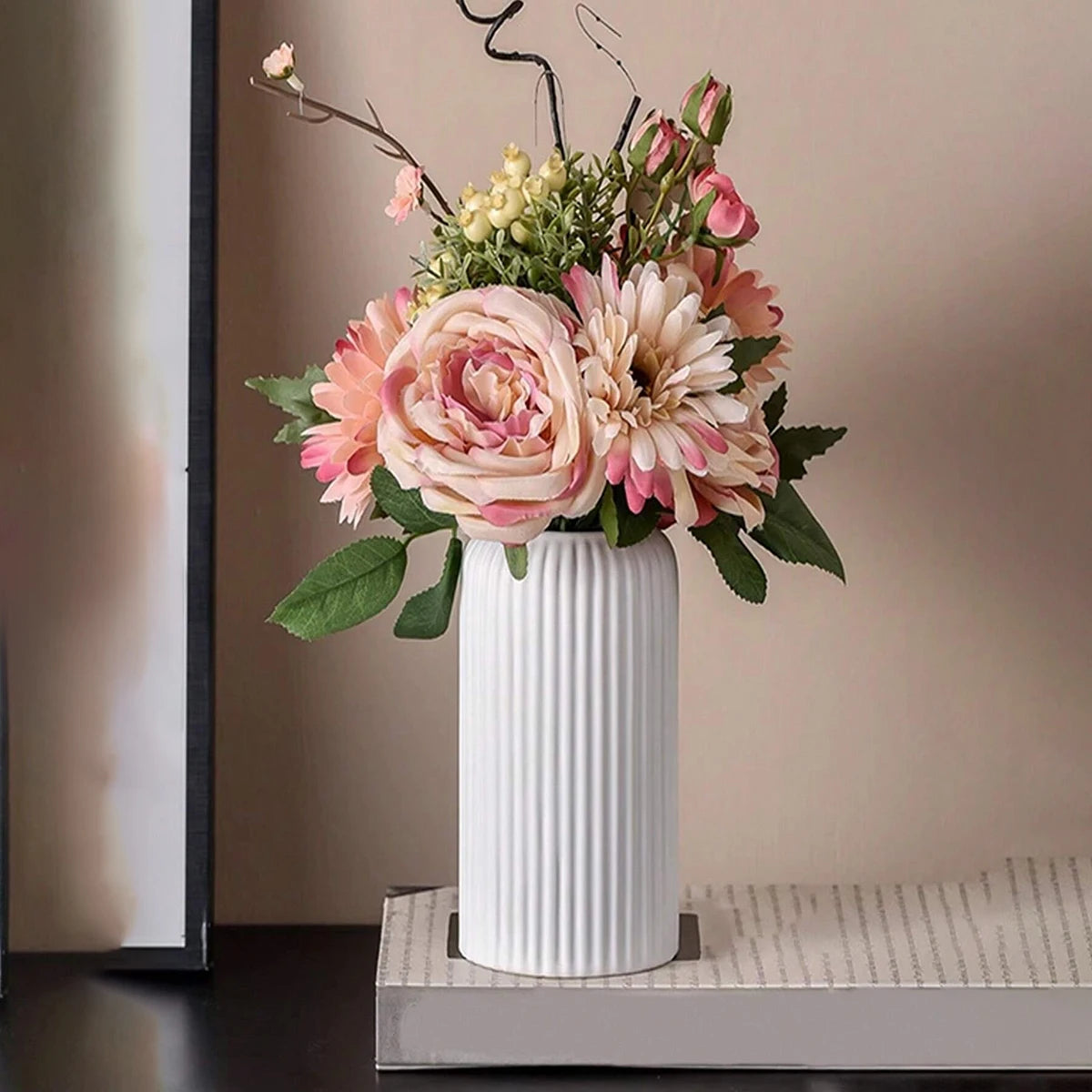 Striped Ceramic-Like Plastic Vase for Flowers, Decorative Floral Arrangement Display, Creative Little Flower Vase Oasis Select