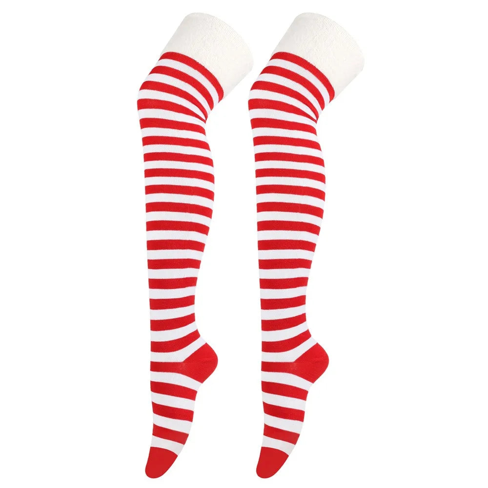 NEW Polyester Cotton Over Knee High Socks Multi-color Slim Christmas Hosiery Striped Long Socks Women Oasis Select Red White 70cm-27.56in-