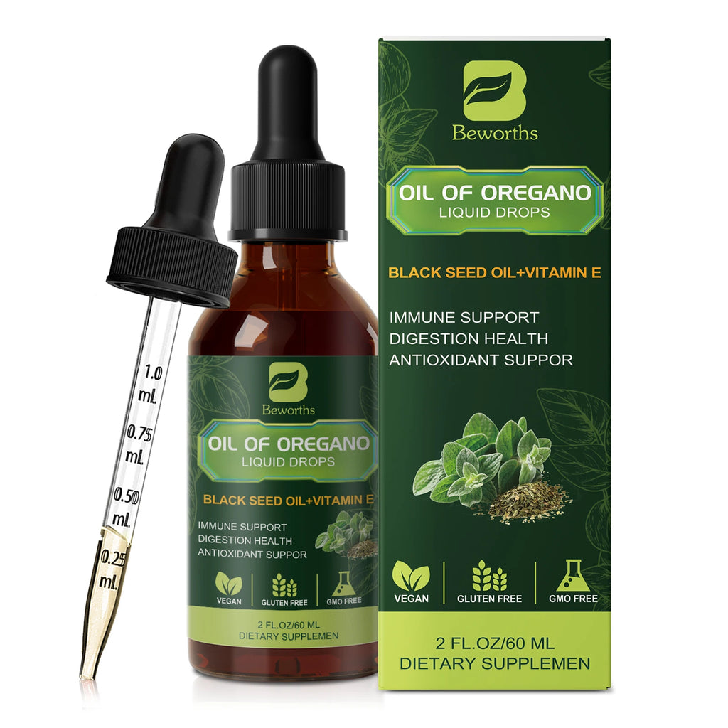 BEWORTHS Oregano Oil Drop with Black Seed Oil, Vitamin E for Immune,Antioxidant,Gut Detox Cleanser Support Non-GMO,Vegan Oasis Select