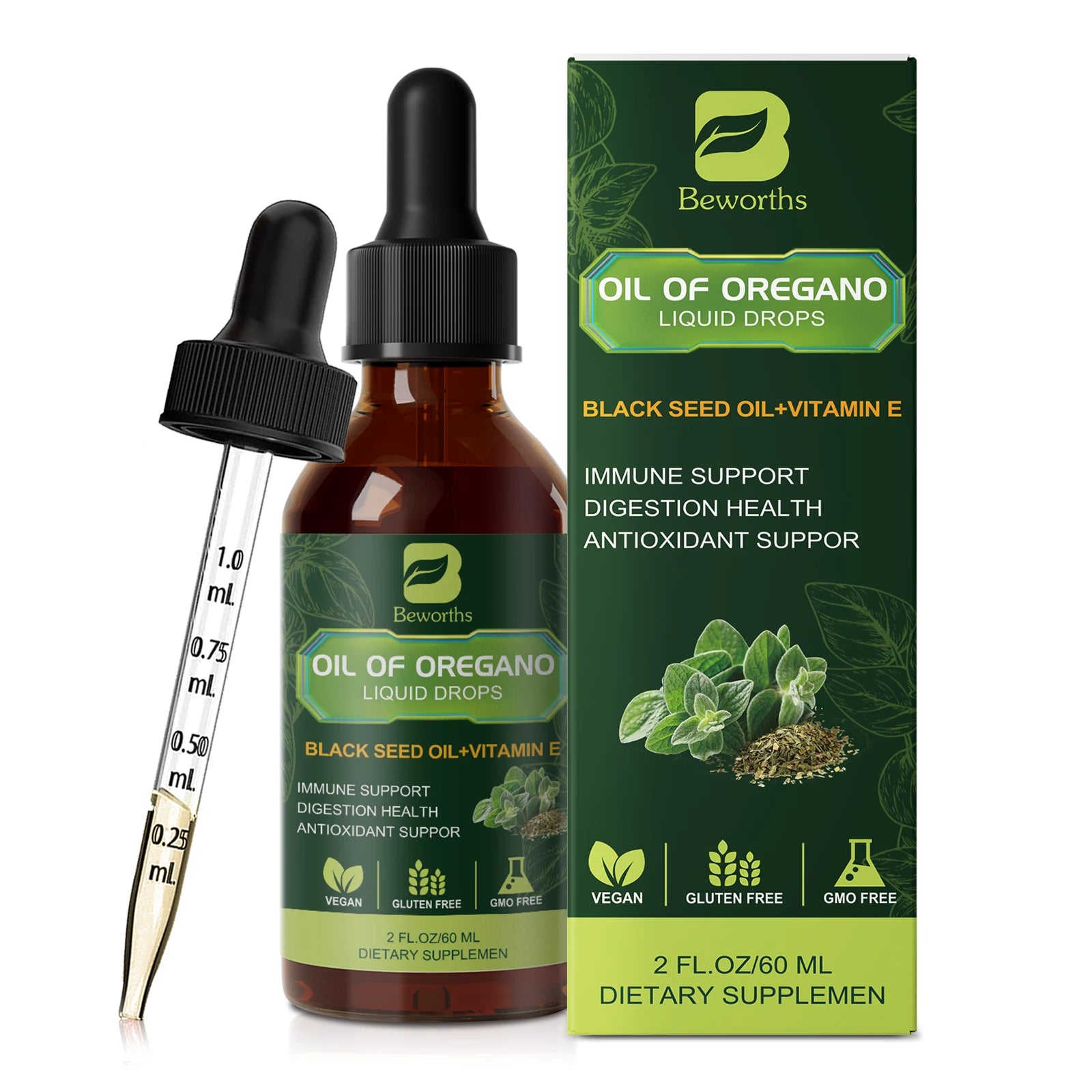 BEWORTHS Oregano Oil Drop with Black Seed Oil, Vitamin E for Immune,Antioxidant,Gut Detox Cleanser Support Non-GMO,Vegan Oasis Select