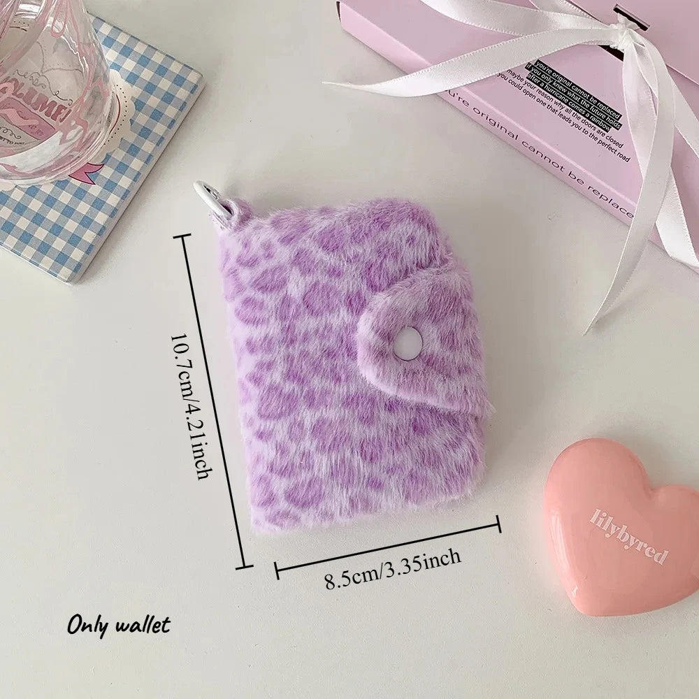 1pcs Female Leopard Print Plush Snap Button Coin Purse High-value Pendant Small Wallet Student Portable Meal Card Storage Bag Oasis Select Purple