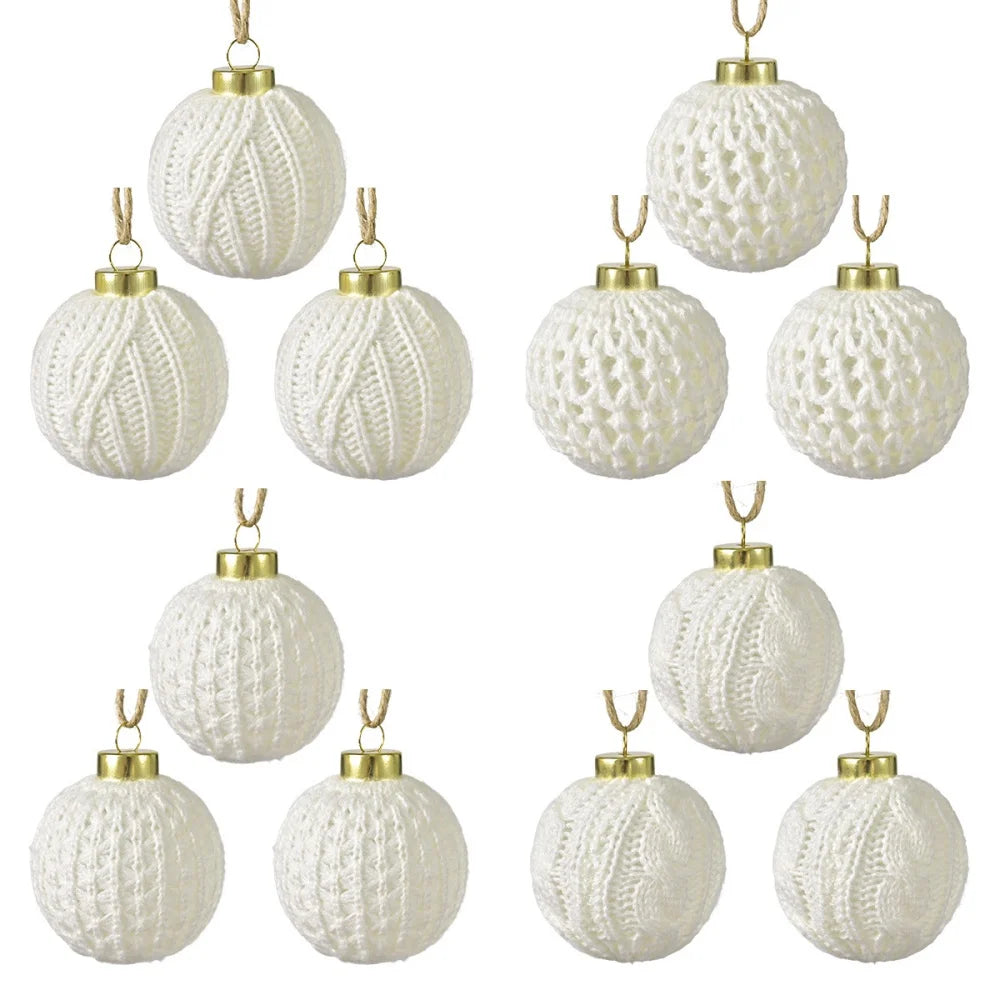 12-Piece White Knitted Yarn Christmas Ball Ornaments Set