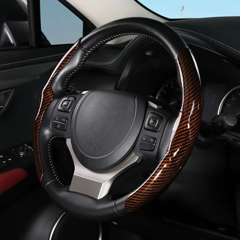 36cm Carbon Fiber Car Steering Wheel Cover Non-slip Sports Ultra-thin Card Cover Summer Auto Handle Protective Cover Type D Oasis Select Orange