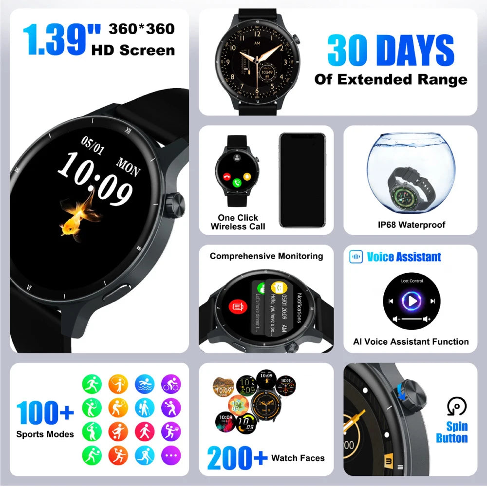 IP68 Waterproof Smartwatch 3D Dynamic Watch Face HD Screen Smart Watches Sports Fitness Weather Voice Assistant Blue Tooth Call Oasis Select