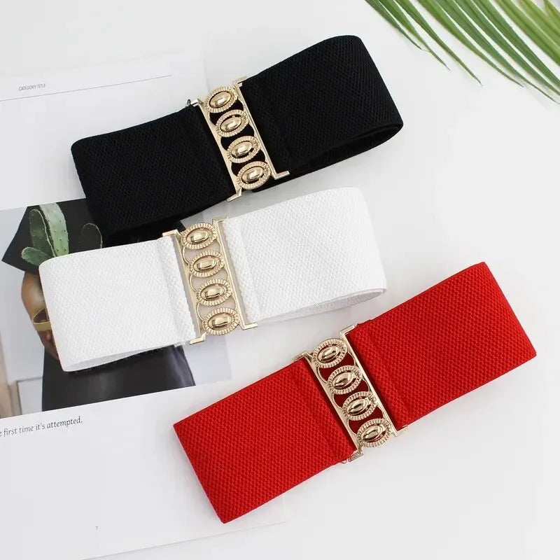 Women Belt Fashion Elastic Waist Cover Golden Buckle Elastic Waist Closure Versatile Wide Belt Paired With Dress Coat Lady Belts Oasis Select
