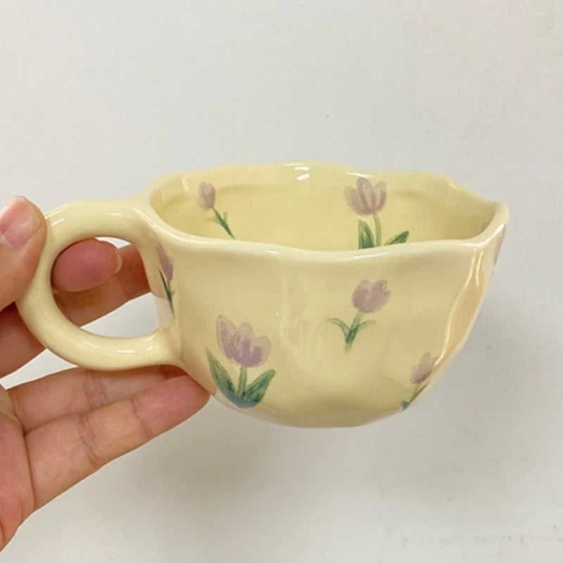 Ceramic Mugs Irregular Flower Coffee Milk Yellow Hand Pinched Cups Cute Korean Style Oat Breakfast Juice Black Tea Kawaii Cup Oasis Select Purple tulip 201-300ml