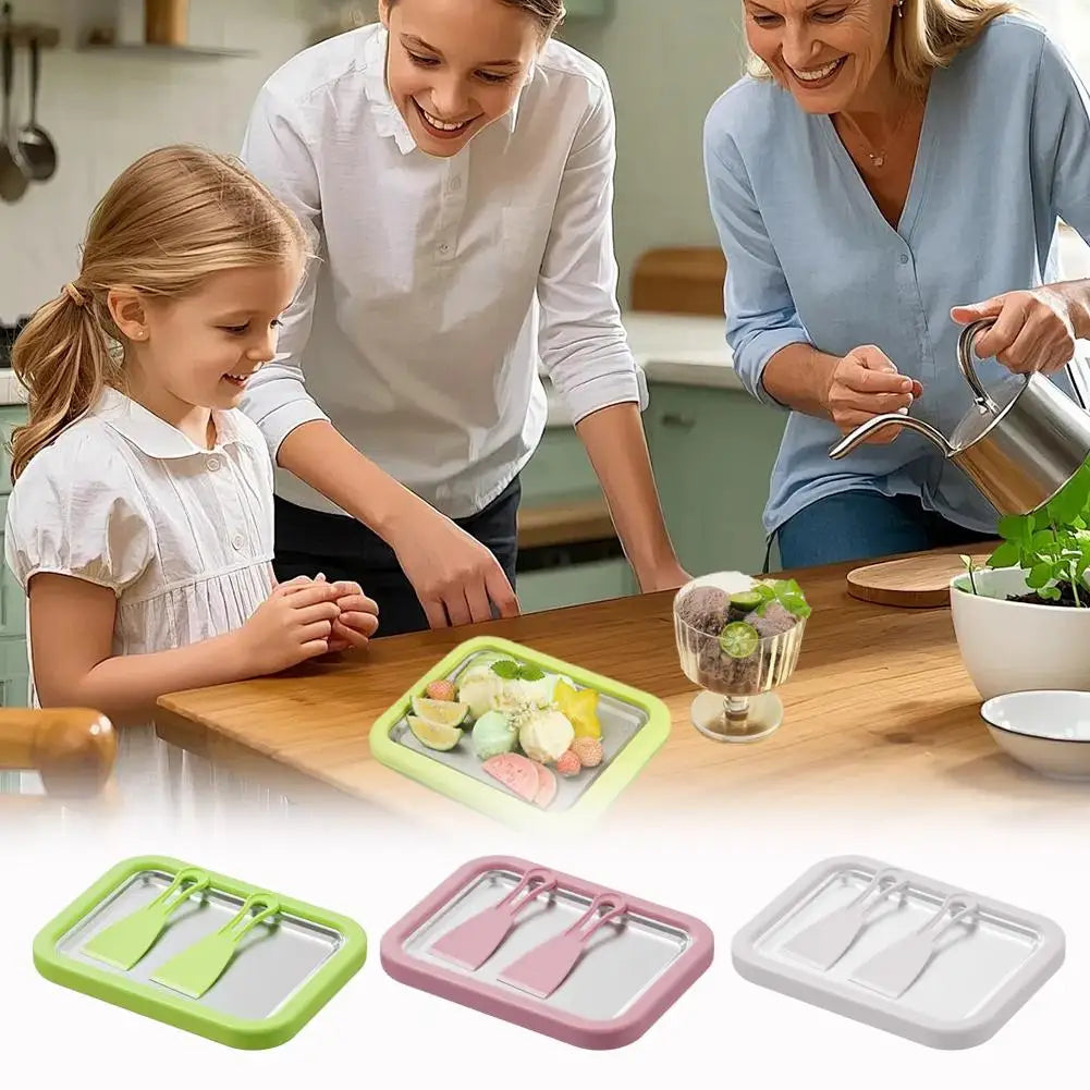 Rolled Ice Cream Maker Pan & 2 Scrapers – Stainless Steel