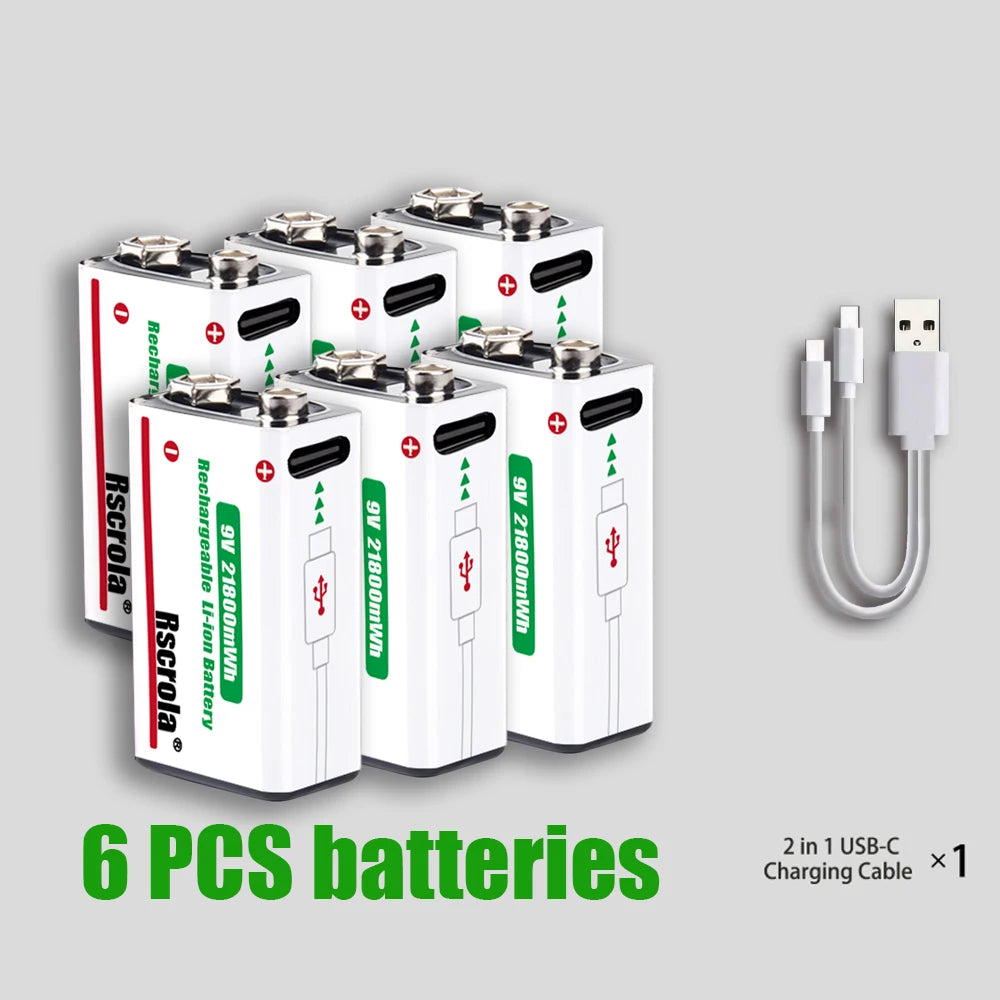 Long-Lasting 9V Lithium ion Rechargeable Battery 21800mWh High Capacity for Guitar Microphone Smoke Detector Pedal with Cable Oasis Select 6 PCS Batteries