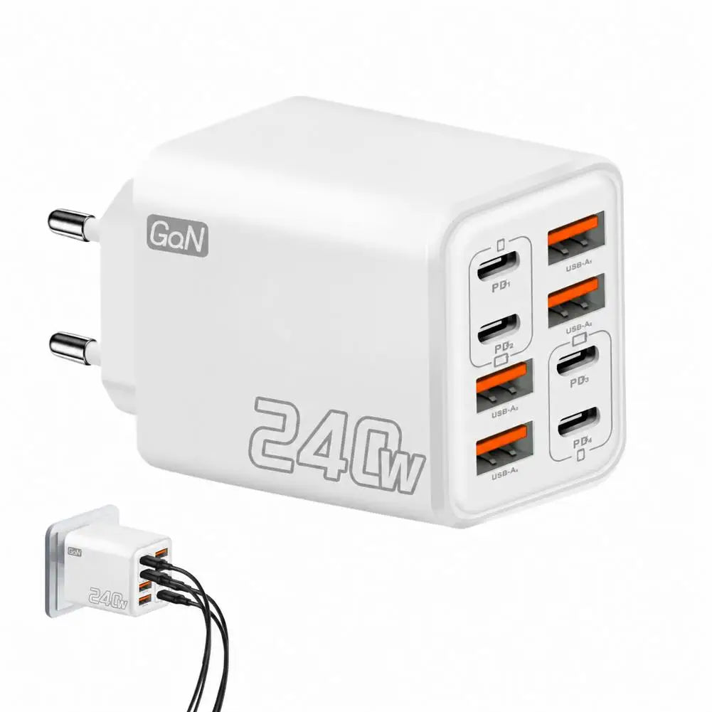 240W 8-Port GaN USB-C PD Wall Charger – Travel Adapter US EU UK