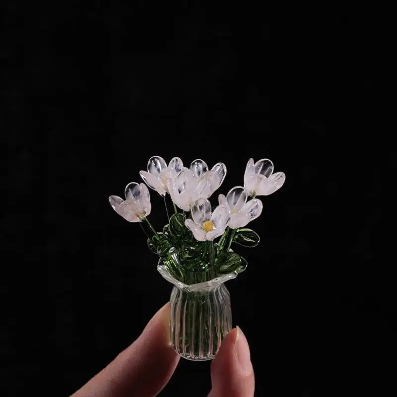 6/7Pcs Mini Lifelike Glass Flowers Simulation Flowers Handcrafted Floral Sculpture Floral Bouquet With Vase Home Decoration Gift Oasis Select A3
