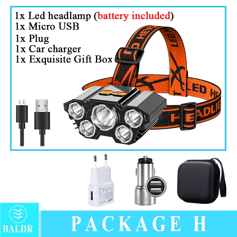 USB Rechargeable Led Five-Head Headlamp Super Bright 18650 Built-in Battery Headlight Portable Head Flashlight Fishing Lantern Oasis Select headlamp H Built in battery UK
