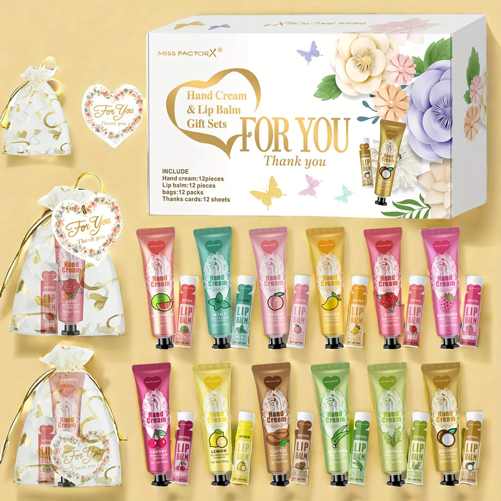 12 Hand gift Hand cream and lip balm set Friends Party Gift with love net bag and thank you card Holiday gift Oasis Select
