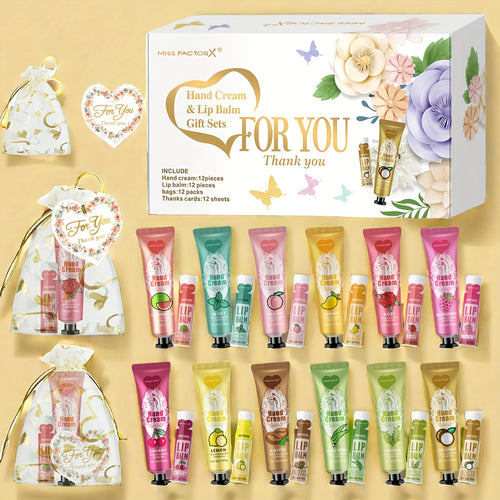 12 Hand gift Hand cream and lip balm set Friends Party Gift with love net bag and thank you card Holiday gift Oasis Select