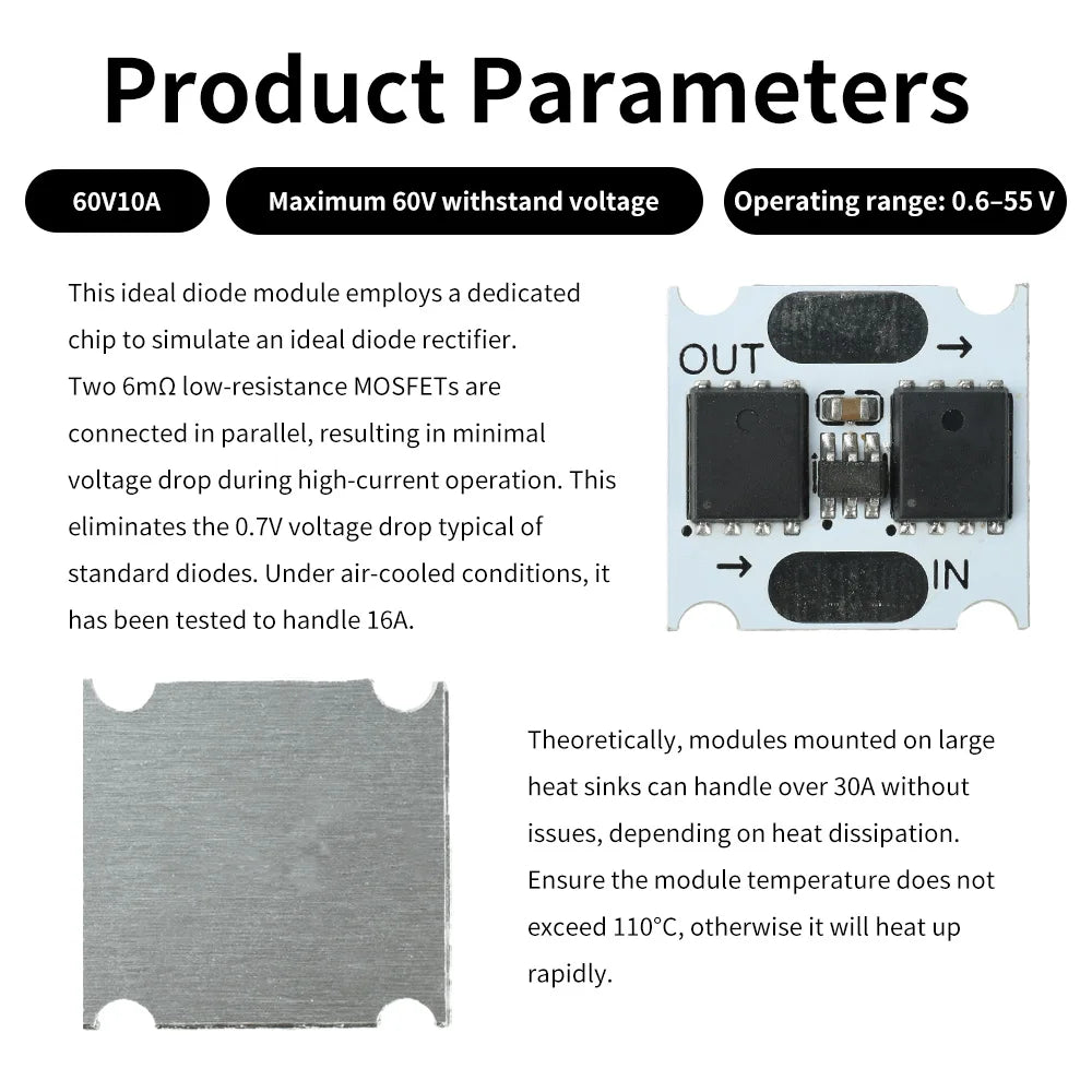 10A 30A Ideal Diode Module Anti-backflow Anti-reverse Ultra-low Power Simulation Mini Rectifier Board 60V 100V Oasis Select