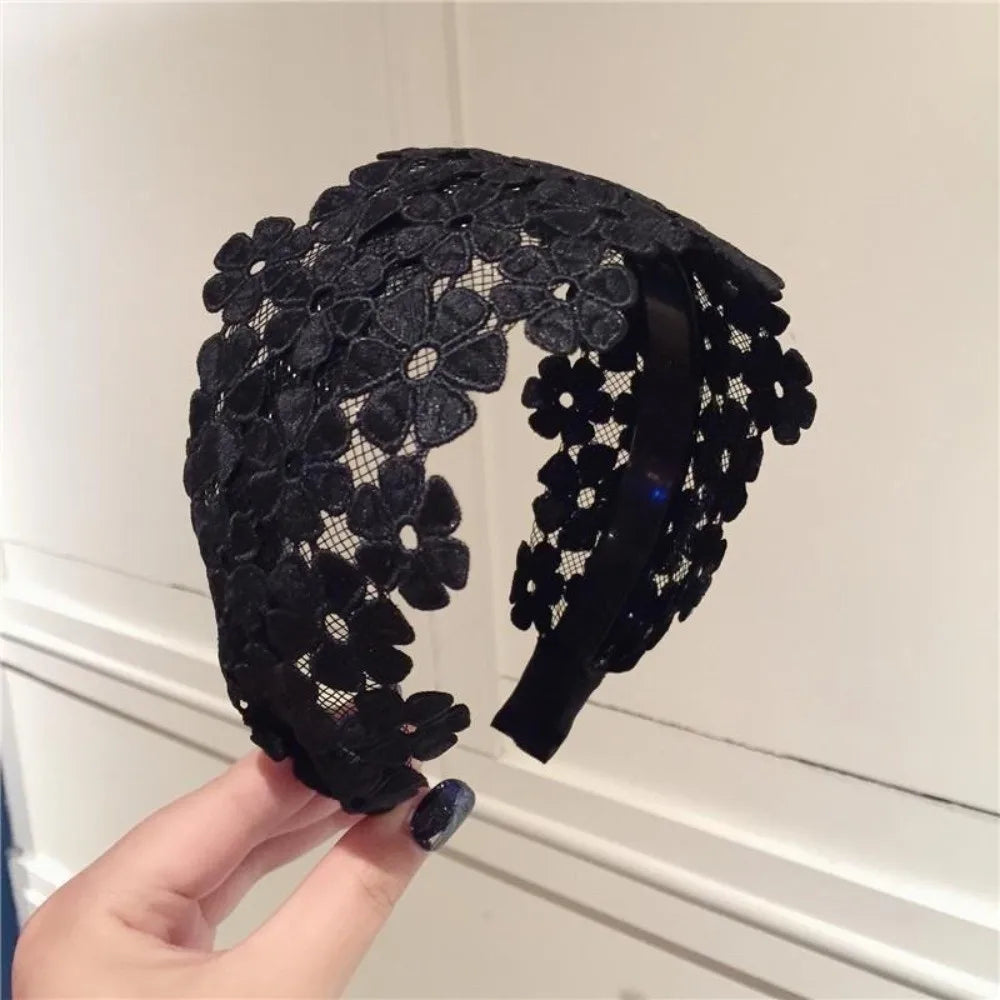Fashion Embroidery Flower Lace Headband Anti-Slip Wide Edge Hair Hoop Handmade Hair Band Hair Accessories Oasis Select Black