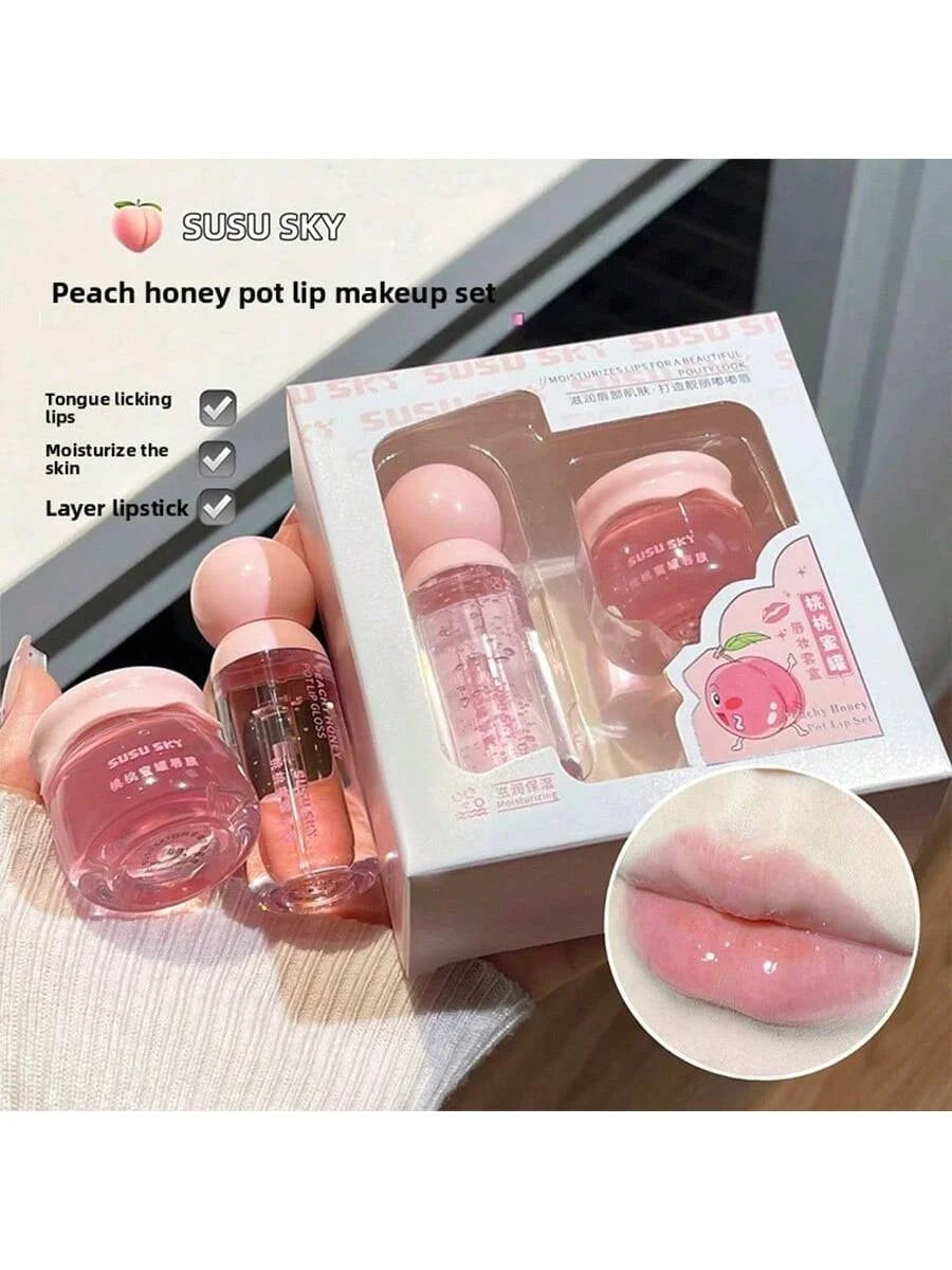 2PCS Peach Honey Jar Lip Set, Lip Mask+Lip Honey, day and night care, moisturizing and hydrating Oasis Select