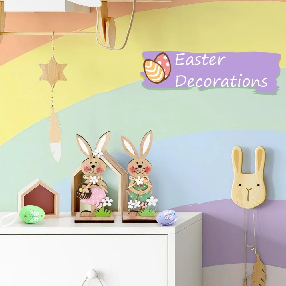 2PCS 2026 Wooden Easter Rabbit Ornaments Craft Painting Bunny Spring Festival Table Ornament Happy Easter Party Home Decor Oasis Select