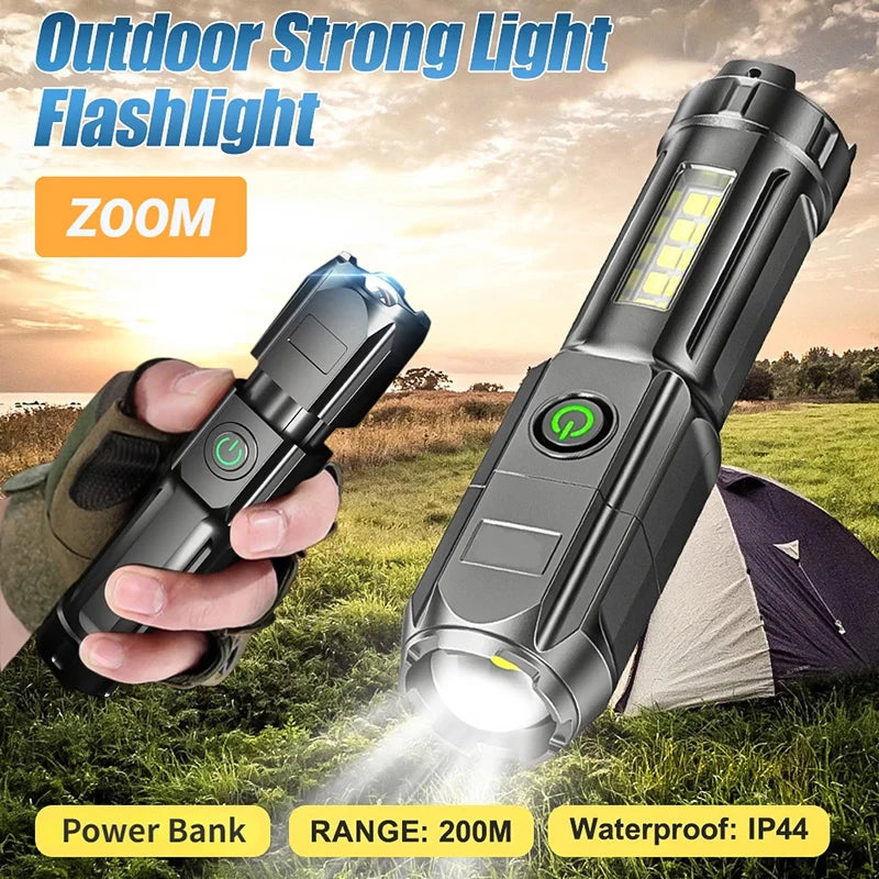 High Power Led Flashlight Super Bright Rechargeable Zoom Torch with COB Side Lights Outdoor Camping Night Fishing Lantern Oasis Select