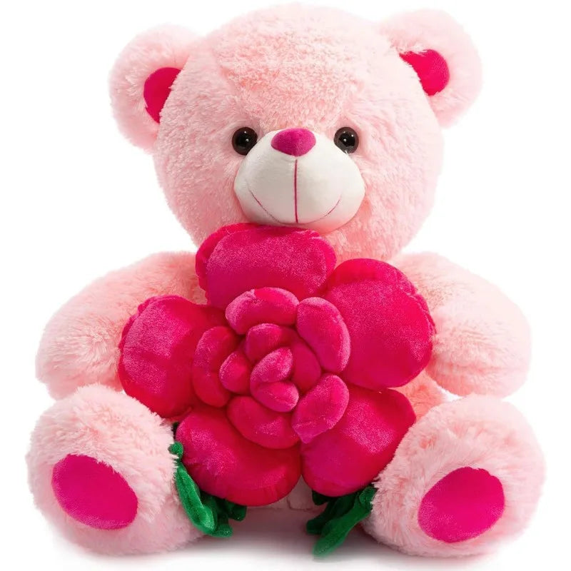 Valentines Day Bear Holding Rose Plush Toy Stuffed Animal Birthday Present for Girlfriend Wife Romantic Keepsake Home Decor Doll Oasis Select Pink