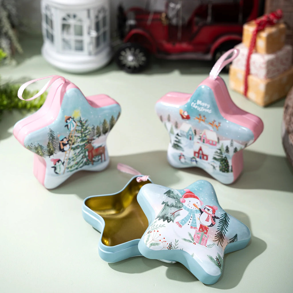 Christmas Tin Box Star Shaped Chocolate Cookies Candy Box With Hanging Rope Christmas Storage Box Ornaments Gifts Oasis Select