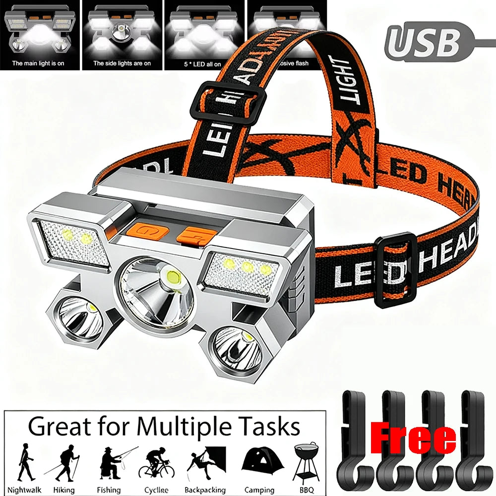 Ultra-bright Rechargeable Headlamp Portable 5 LED Headlight Head Torch Waterproof Working Light Outdoor Camping Fishing Cycling Oasis Select Red-Clip