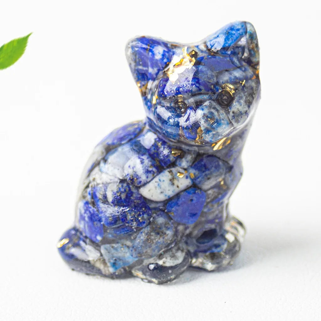 Natural Crystal Gravel Resin Sitting Turning Face Cat Figurine With Gold Foil Cute Desktop Decor For Home Office Oasis Select Blue White