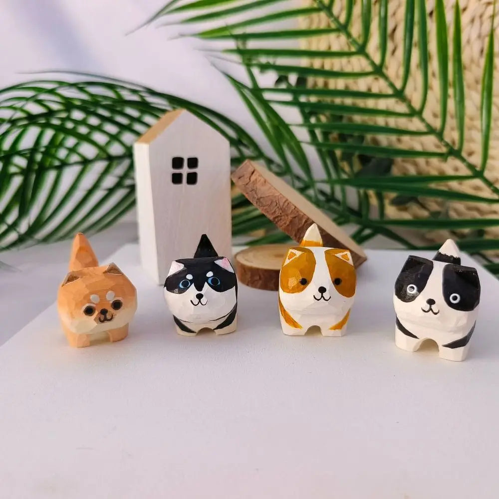 Mini Wooden Cat & Dog Figurine | Cute Painted Animal Statue