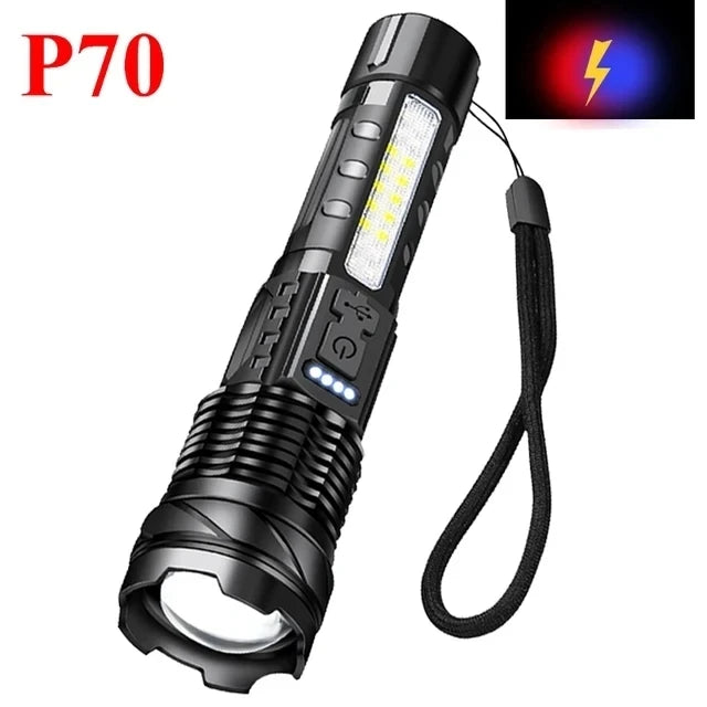 High Strong Power Led Flashlights Tactical Emergency Spotlights Telescopic Zoom Built-in Battery USB Rechargeable Camping Torch Oasis Select P70