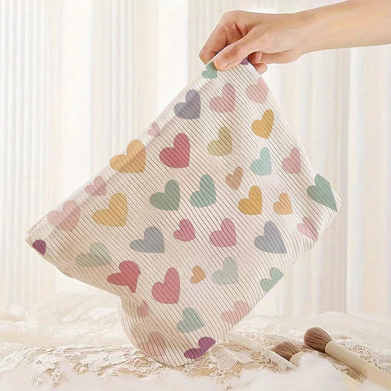Portable Velvet Makeup Bag with A Colorful Heart-Patterned, Providing Women with Ample Space for Holding Toiletries Cosmetic Bag Oasis Select 1pc