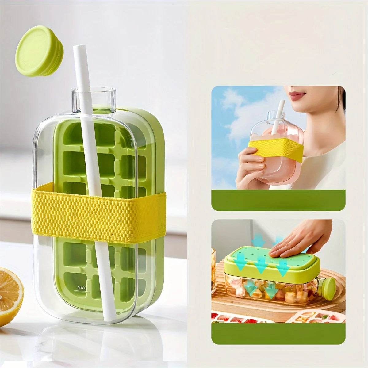 2-in-1 Iced Coffee Cup with Ice Cube Tray & Chilled Mug, Straw Included,17oz/27oz Summer Drink Cup for Coffee Fruit Tea ברז מטבח Oasis Select green